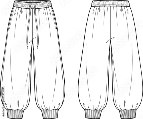 Jogger pants front and back outline template flat vector apparel mockup fashion design illustration