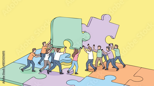 Illustrative depiction of a diverse team collaborating to assemble a large puzzle, signifying unity and shared accomplishment against a simple
