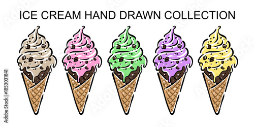 Hand drawn set ice cream scoop with waffle cone, fresh and tasty dessert illustration. Perfect for menu design, cafe branding, packaging, advertising, social media, and food-related creative projects.