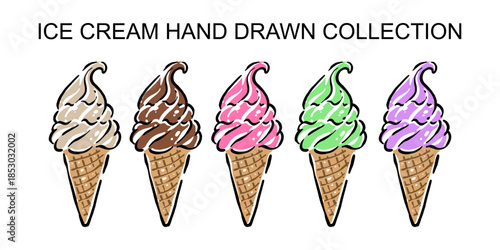 Hand drawn set ice cream scoop with waffle cone, fresh and tasty dessert illustration. Perfect for menu design, cafe branding, packaging, advertising, social media, and food-related creative projects.