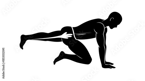 Side-view silhouette of a person stretching shoulder muscles, tension relief and body wellness concept.

