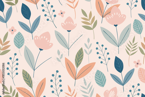 Softly Colored Repeating Pattern of Flowers and Leaves on a Light Background floral seamless