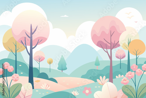 Soft pastel landscape with stylized trees, rolling hills, and blooming flowers nature forest