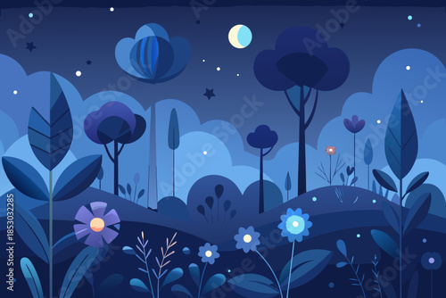 Whimsical night forest with abstract trees and glowing flowers moon stars