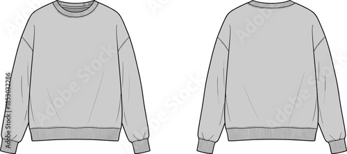 Sweatshirt front and back technical sketch, crew neck, ribbed cuffs, fashion template, apparel design, flat vector
