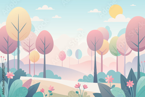 Whimsical Spring Landscape with Rounded Trees and a Bright Yellow Sun nature