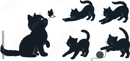 Silhouette illustration of playful black cats and kittens playing with a ball of yarn and a butterfly on a white background.