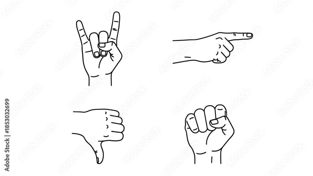 Obraz premium Hand Gestures in Simple Line Art Style with Black and White Color on White Background for Sign Language
