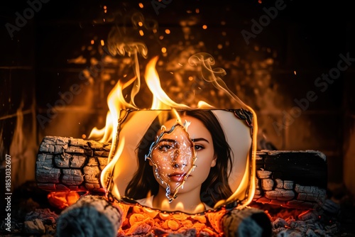 Vivid portrait of a beautiful woman burning in a fiery hearth, its surface melting. A potent metaphor for painful breakups, lost love, and emotional release