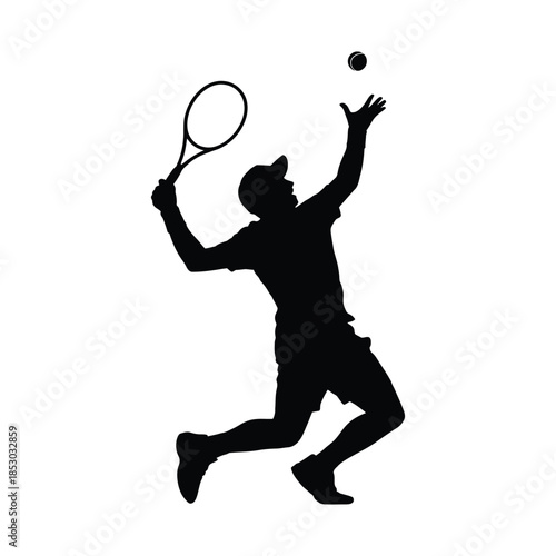 Dynamic black silhouette of a tennis player serving a ball with a racket