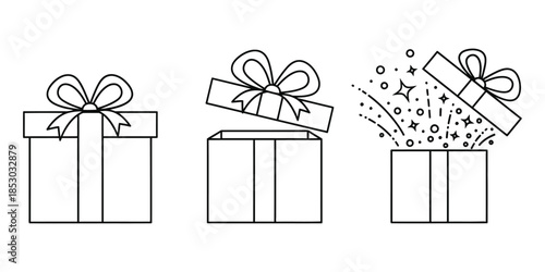 Gift Box Opening Sequence with Celebration Elements – Line Art Illustration