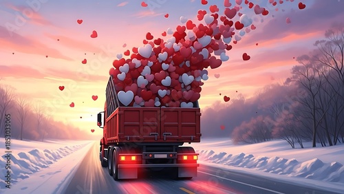 Truck delivering hearts in winter