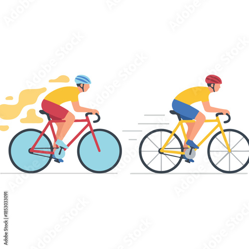 Two Cyclists Sprinting Side by Side on Racing Bicycles.