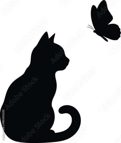 A black silhouette of a cat sitting and watching a butterfly flying against a plain white background with clean minimalistic composition.
