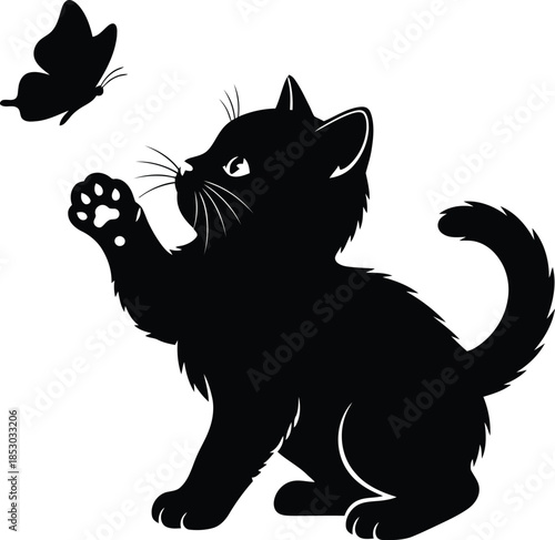 Black silhouette of a playful kitten swatting at a butterfly with its paw on a plain white background.