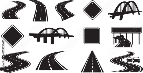 Black and white road and highway icons for navigation