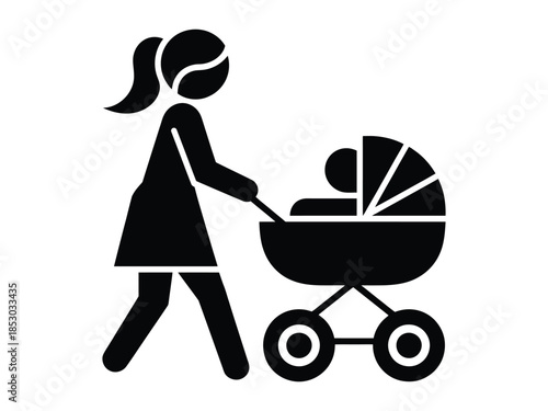 Black silhouette icon of a mother walking and pushing a baby stroller or pram