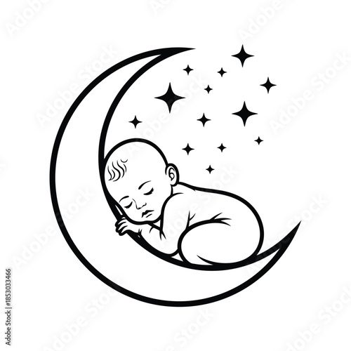 Sleeping Baby on Crescent Moon with Stars – Line Art Illustration