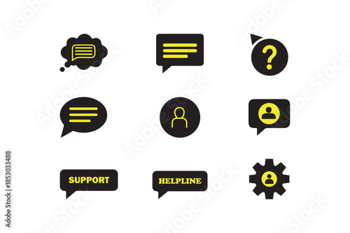 Customer support icon set with black and yellow chat bubbles, helpline text, user avatars and service symbols vector