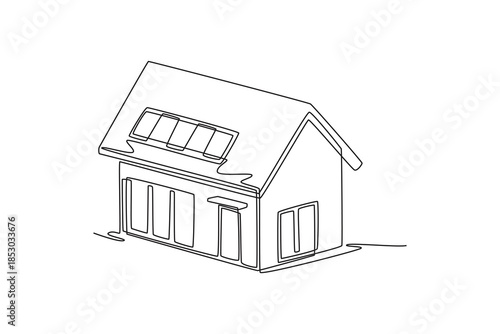 family house residential apartment buildings and flat roof solar panels. Cute House and Building concept. Single line draw design. Vector graphic illustration