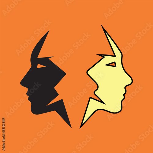 Abstract profile faces facing opposite directions symbolizing duality, conflict and split personality vector illustration.