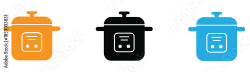 Isolated Illustration of Stainless Steel Slow Cooker Appliance.Colorful slow cooker icons in orange, black, and blue.
