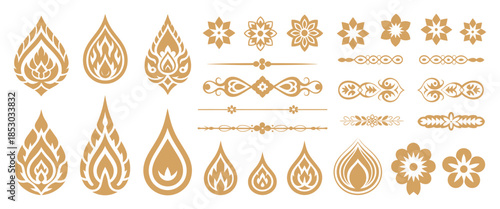 Thai Decorative Graphic Elements Collection with Golden Lotus, Flame Motifs, Kanok Patterns, and Floral Vector Ornaments for Traditional Design and Cultural Branding