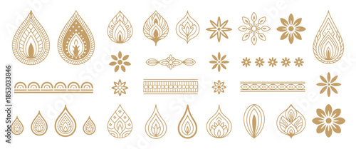 Thai Decorative Graphic Elements Collection with Golden Lotus, Flame Motifs, Kanok Patterns, and Floral Vector Ornaments for Traditional Design and Cultural Branding