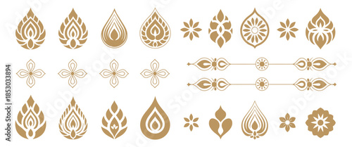 Thai Decorative Graphic Elements Collection with Golden Lotus, Flame Motifs, Kanok Patterns, and Floral Vector Ornaments for Traditional Design and Cultural Branding