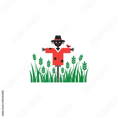 Colorful cartoon scarecrow wearing a red shirt and hat.