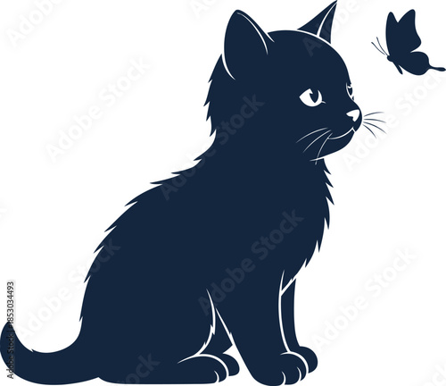 A black cat sits and watches a butterfly flutter nearby against a clean white background with a simple graphic design style.