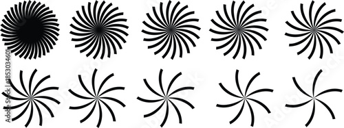 Geometric Spiral Sunburst Vector Shapes Set Black Radial Swirl Elements on Transparent Background