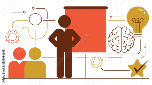 Business presentation illustration showing leader explaining ideas with team collaboration, strategy planning and creative thinking concept