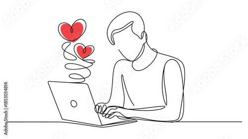 Man using laptop with heart symbols in continuous line art illustration representing online dating, love connection and digital relationship concept