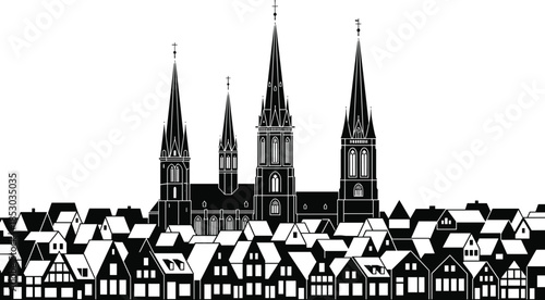 Cathedral townscape silhouette, gothic architecture, spire skyline, black vector, clipart, line art, stock illustration, religious icon, historic building