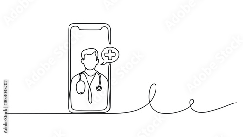 Online doctor consultation on smartphone with continuous line art illustration representing telemedicine digital healthcare concept