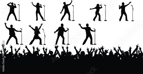 Concert silhouettes, performers on stage, crowd cheering, black vector, clipart, line art, stock illustration, music icon, live event