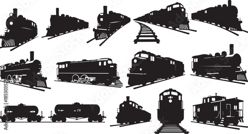 Set of vintage train silhouettes in various directions