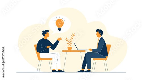 Business meeting discussion with light bulb idea concept illustration showing two professionals brainstorming at table modern teamwork design