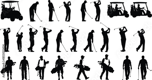 Golf silhouettes, swing poses, golf carts, black vector, clipart, line art, stock illustration, sports icon, equipment graphic, motion set