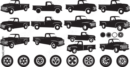 Black truck silhouettes with various wheel designs