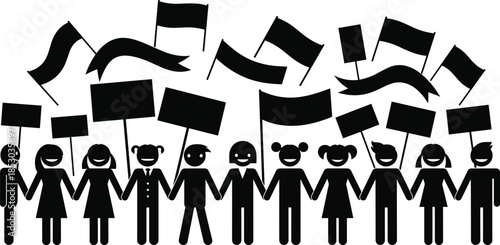 Protest silhouettes, unity demonstration, people holding signs, black vector, clipart, line art, stock illustration, activism icon, rally graphic