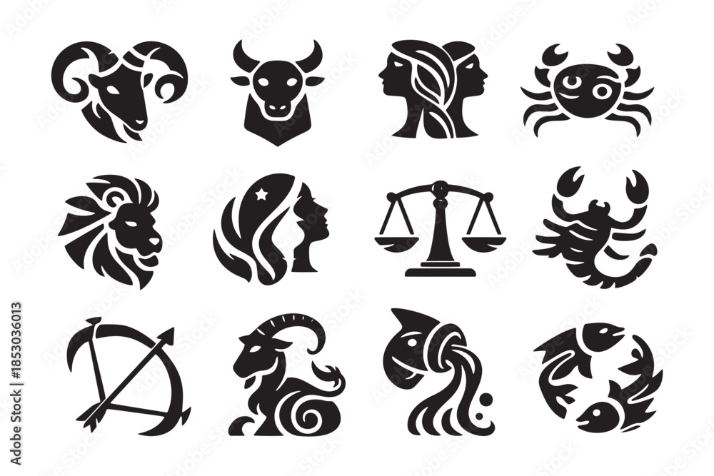 Fototapeta premium Minimalist black and white vector set of 12 zodiac sign icons. Symbols include Aries, Taurus, Gemini, Cancer, Leo, Virgo, Libra, Scorpio, Sagittarius, Capricorn, Aquarius, and Pisces.