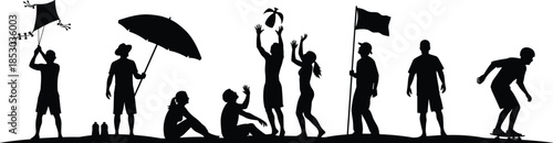 Beach lifestyle silhouettes, people relaxing playing volleyball flying kite skating, summer vacation activities, seaside recreation illustration isolated background white vector