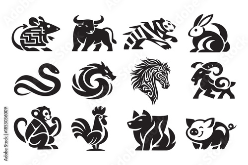 Vector set of 12 Chinese zodiac animals in minimalist black and white style. Icons include rat, ox, tiger, rabbit, dragon, snake, horse, goat, monkey, rooster, dog, and pig for Lunar New Year.