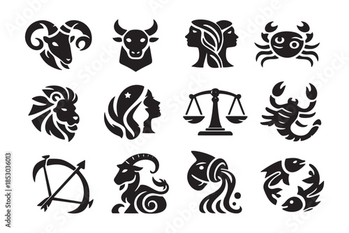 Minimalist black and white vector set of 12 zodiac sign icons. Symbols include Aries, Taurus, Gemini, Cancer, Leo, Virgo, Libra, Scorpio, Sagittarius, Capricorn, Aquarius, and Pisces.