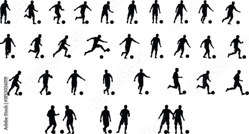 Soccer player silhouettes, ball action poses, black vector, clipart, line art, stock illustration, sports icon, dynamic movement, team graphic
