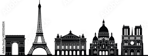 Black Paris skyline silhouette featuring Eiffel Tower, Arc de Triomphe, Notre Dame, Sacre Coeur, and Louvre landmarks, French travel vector art.
