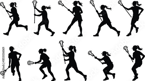 Dynamic silhouettes of female lacrosse players in action poses with sticks, goggles, and athletic gear for sports design and promotion