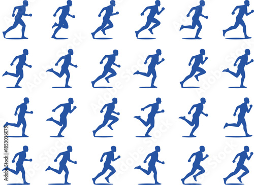 Blue running man silhouettes set, sprinting athlete poses, fitness motion sequence isolated on white background for sports design illustration vector